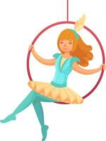 Female circus artist performing an aerial hoop act, displaying remarkable grace and skill in a vibrant, dynamic entertainment environment filled with excitement and joy vector