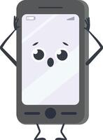 Anthropomorphic smartphone with big surprised eyes and open mouth is holding its head with hands, expressing panic and shock, isolated on white background vector