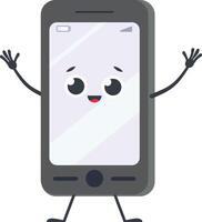 Cartoon smartphone character waving with arms and legs, featuring a cheerful expression, embodying the fun and connectivity of mobile technology vector