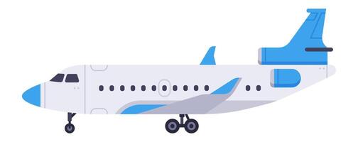 Passenger airplane with blue and gray elements standing on the ground, side view of a modern aircraft parked on the runway or in the hangar, concept of commercial aviation and air travel vector