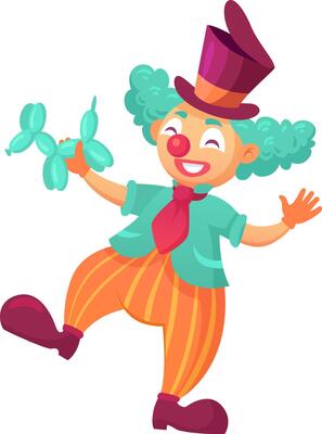 Cartoon illustration of a happy clown with curly green hair, wearing a top hat, holding a balloon animal and dancing, isolated on a white background