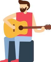 Bearded guitarist sitting on a stool, passionately playing an acoustic guitar and creating vibrant melodies in a colorful, minimalist style that captures the essence of music and creativity vector