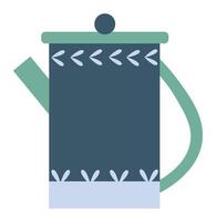 Dark blue coffee pot with a green lid and handle, adorned with light blue leaves, resting on a plain white background, serving as a stylish kitchen utensil for brewing coffee vector