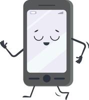 Cartoon smartphone featuring a cheerful, smiling face with closed eyes, arms, and legs, walking playfully while waving hand up, set against a clean white background vector