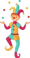 Smiling joker juggling vibrant, colorful balls while dressed in a whimsical costume featuring a pointy hat adorned with bells and curly shoes, entertaining an audience with a lively performance vector