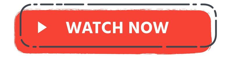 Red rectangular button featuring rounded corners and a prominent play symbol, inviting viewers to engage with content, complemented by the text watch now in white vector