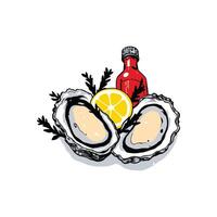 Fresh raw oysters on the half shell with lemon slice hot sauce and herbs illustration for a gourmet seafood appetizer menu design vector