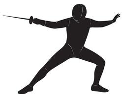 Silhouette of a man in a fencing pose with one arm forward and one leg bent vector