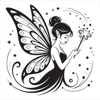 Enchanting Fairy with Wand and Wings in Black and White vector