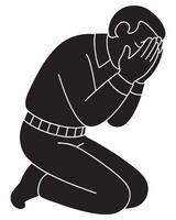 Silhouette of a man kneeling and resting head in both hands in private prayer, silhouette of man crying while praying vector