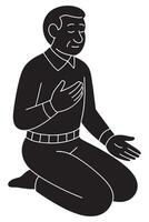 Silhouette of a man sitting silently with both hands open on knees, meditative pose vector