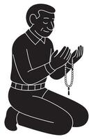 Silhouette of a man sitting cross-legged with a prayer bead string in hand, silhouette of praying man vector