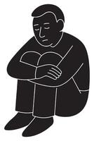 Silhouette of a man sitting with knees up and arms around them, lost in thought vector