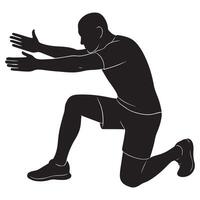 Silhouette of a man stretching before a run with one leg bent and arms reaching vector