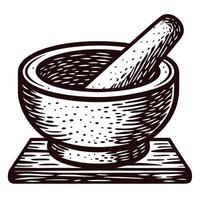 Vintage mortar and pestle on wooden base with detailed etching vector