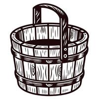 Hand drawn wooden bucket with handle vintage engraved rustic container illustration isolated on white background vector