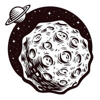 Engraved illustration of cratered asteroid with ringed planet in starry outer space vector