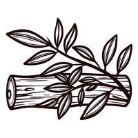 Engraved illustration of a wooden log with leafy branch and foliage isolated on white background vector