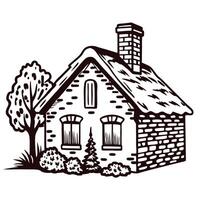 Charming rustic stone cottage with thatched roof and chimney surrounded by trees and shrubs isolated on white vector