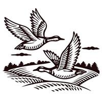 Stylized of ducks in flight over a scenic landscape vector
