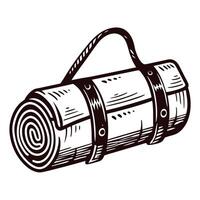 Vintage hand drawn rolled sleeping mat with leather straps and handle isolated on white background vector