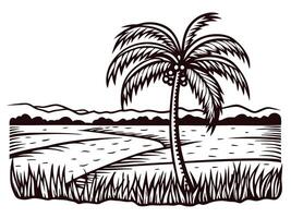 Tropical landscape featuring palm tree on shoreline with mountains in background vector