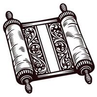 Ornate ancient manuscript scroll illustration with intricate decorative patterns in vintage engraving vector