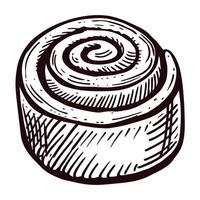 Hand drawn cinnamon roll swirl vintage bakery pastry sketch in black and white isolated on white background vector