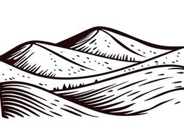 Hand drawn rolling hills with trees and textured patterns in monochrome design vector