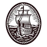 Vintage engraved illustration of an old sailing ship at sea in oval rope frame with waves and rays vector