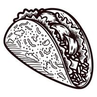 Hand drawn taco illustration with lettuce, tomato, and cheese engraved vintage etching food vector