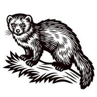 Woodcut of a ferret on a log with detailed fur texture and intricate lines vector