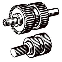 Mechanical hand drawn gear mechanism illustration showing two interlocking toothed wheels and rotating shafts in vintage vector