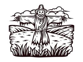 Animated scarecrow in countryside field with rolling hills and clouds vector
