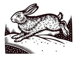 Hare leaping across a field in detailed black and white artwork vector