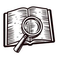 Vintage engraved illustration of an open book with a magnifying glass lying on the pages vector