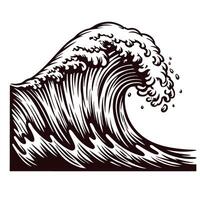 Intricate hand drawn ocean wave in vintage engraving with detailed curling crest and dynamic water splash vector
