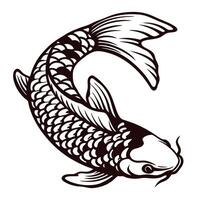 Detailed black and white illustration of koi carp fish in dynamic curved pose with intricate scale pattern vector