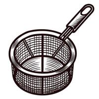 Hand drawn wire mesh skimmer with handle isolated on white background vintage engraving culinary utensil illustration vector