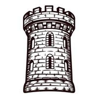 Hand drawn medieval stone tower with arched windows and battlements isolated on white background vector