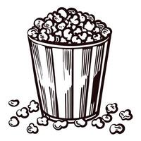 Bucket of popcorn in black and white sketch with scattered kernels vector