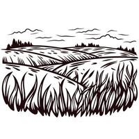 Rolling hills and fields in black and white ink drawing with cloudy sky vector