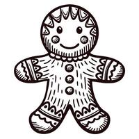 Hand drawn gingerbread man cookie outline illustration with decorative icing details and smiling face vector