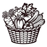 Hand drawn basket filled with assorted vegetables including carrot, pepper, squash, tomato, zucchini, and leafy greens vector