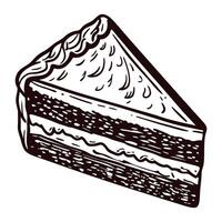 Hand drawn slice of layered chocolate cake with cream filling vintage engraved bakery dessert illustration vector