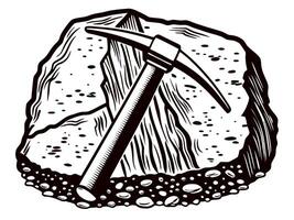 Hand drawn pickaxe resting on large rock vintage engraved engraving mining tool illustration vector