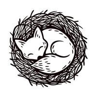 Adorable curled fox resting in a nest illustration hand drawn animal curled up in cozy circular thicket vector