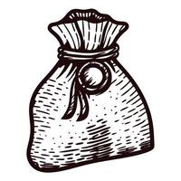 Hand drawn vintage money bag with wax seal and ribbon in engraved sketch on white background vector