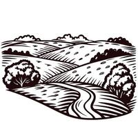 Hand drawn rolling countryside landscape with winding path and trees in vintage engraved vector