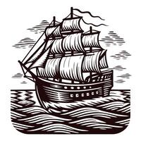 Sailing ship with billowing sails and waves engraved illustration on white background vector